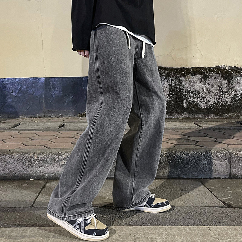 Men'S Fashion Grey Jeans - 韓国ファッションメンズだぶだぶのジーンズ弾性ウエストクラシックオリッドカラーストレートレッグデニムワイドレッグパンツ男性ライトブルーグレーブラック