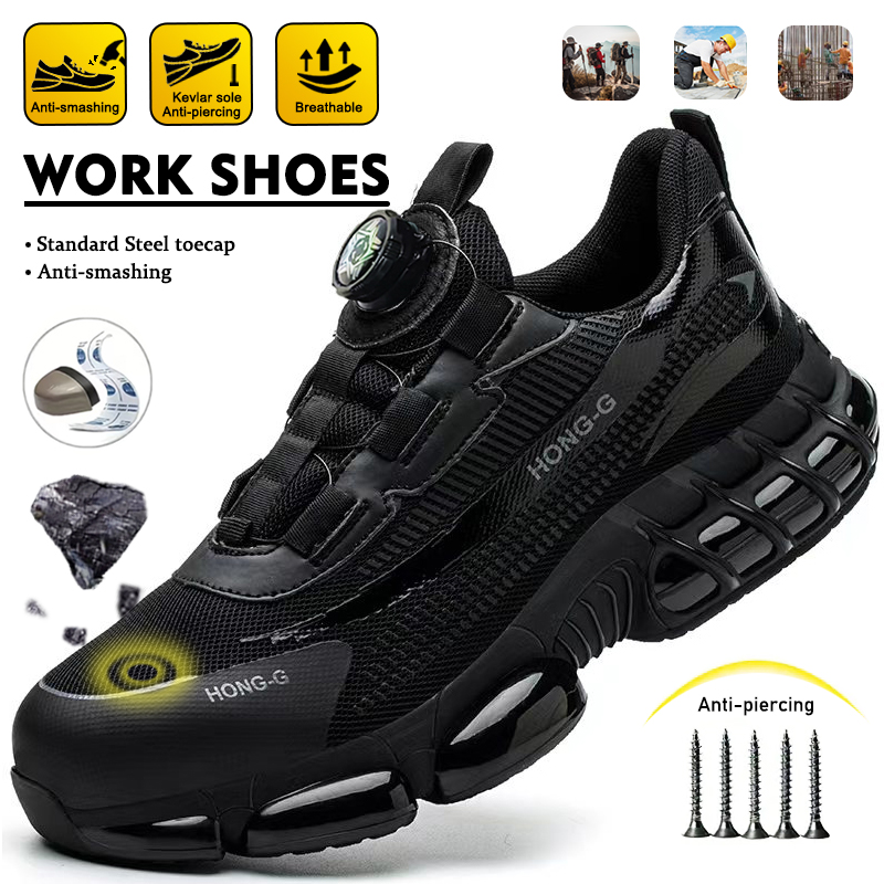 Mens Fashion Trainers - ファッション性の高い回転式ボタン付き作業用ブーツ、建築現場用安全靴、男性用耐衝撃・耐貫通性スニーカー、安全作業靴。 ﻿