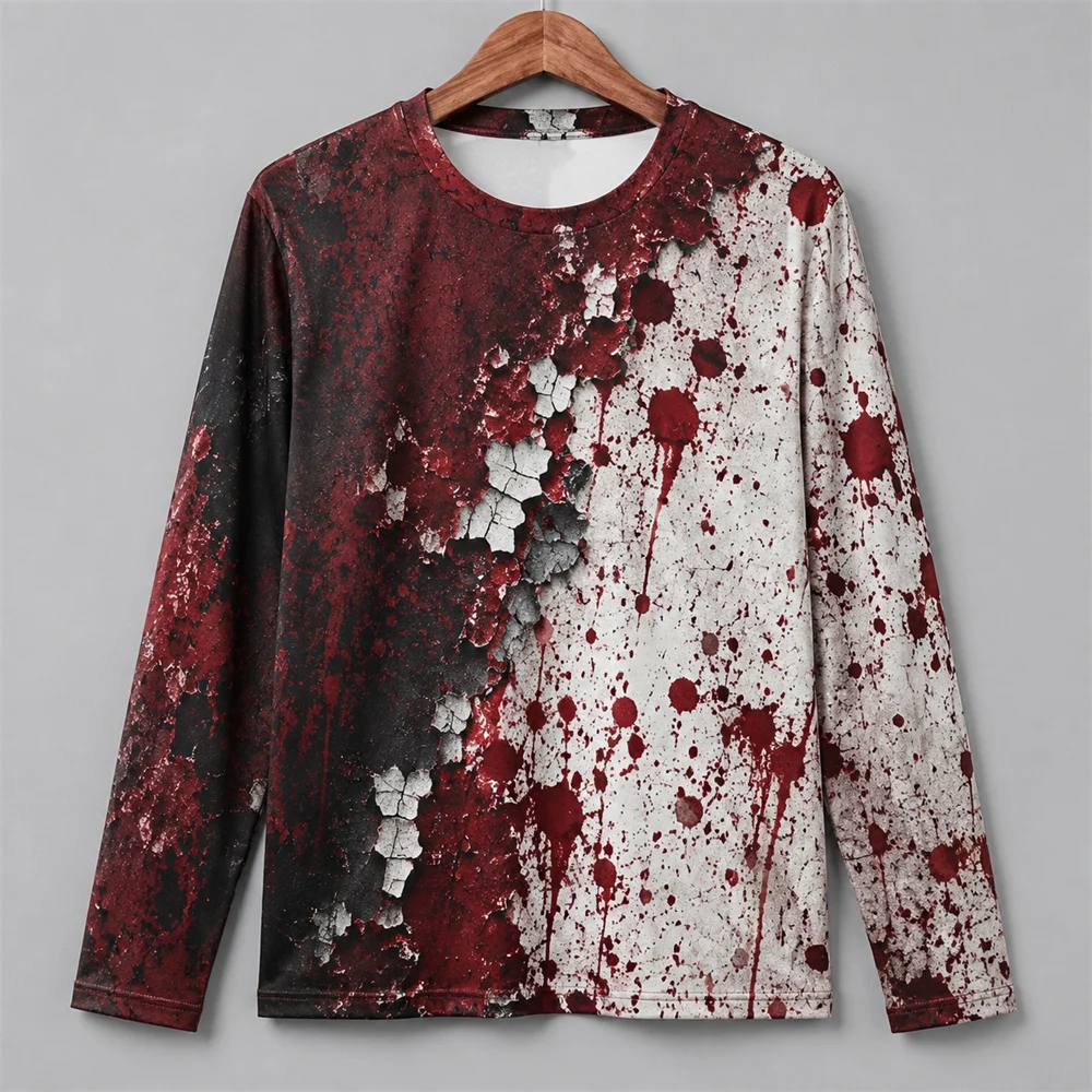 Men'S Fashion T Shirts - 3Dプリントのホラー柄、赤い血痕模様のハロウィン長袖Tシャツ。男性用、ヴィンテージ風、ハロウィンパーティーに最適、個性的なOOTD（オーダー・オブ・ザ・デイ）スタイルに。