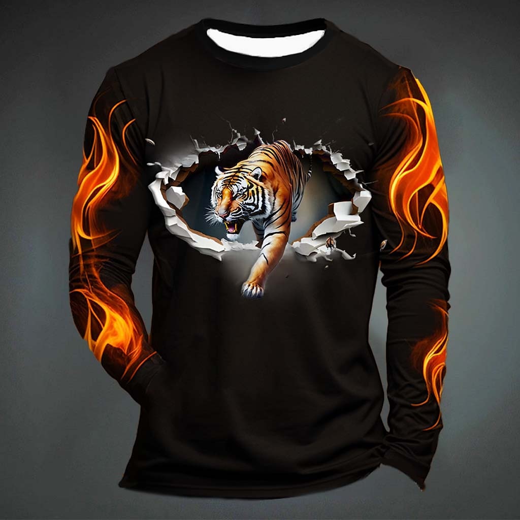 Mens Fashion Clothes - 面白いタイガープリント Tシャツ男性用カジュアル O ネック長袖 Tシャツファッション快適なプルオーバー秋ルーズトップス y2k