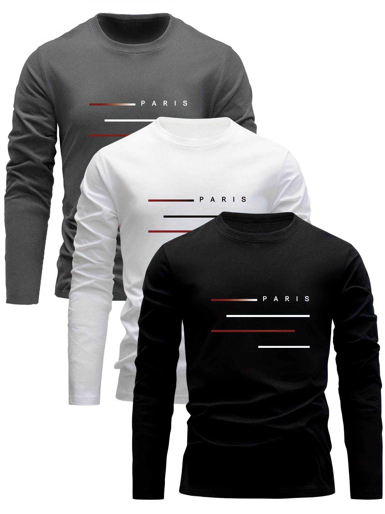 Men'S Fashion T Shirts - 100％コットン素材、メンズ、長袖、ラウンドネック、ゆったりとしたシルエット、パリの文字がプリントされた、秋・冬用のカジュアルで着回ししやすいTシャツトップス。