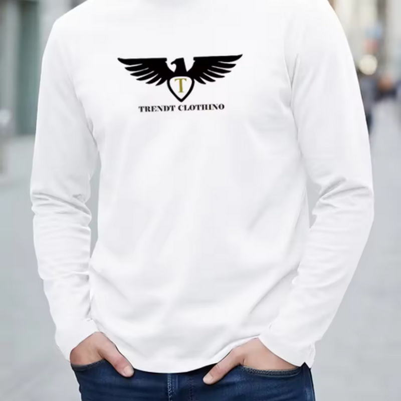 Men'S Fashion T Shirts - 新作、100％純綿を使用した、秋向けのメンズ・レディース長袖ラウンドネックTシャツ。イーグル（ワシ）のプリントが勇気と自由を象徴しています。
