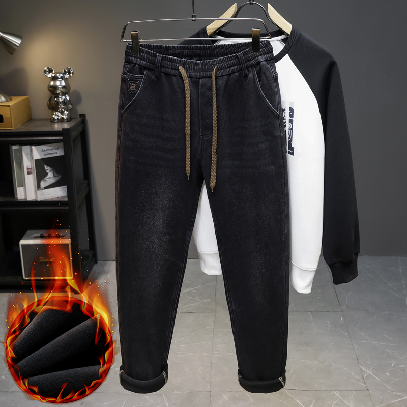 Men'S Fashion Grey Jeans - メンズ 冬用 新しいフリース素材のジーンズ、伸縮性のあるドローストリングウエスト、ヴィンテージ風、黒とグレー、厚手で暖かい、ストレートシルエット、ファッションカジュアル、ロングパンツ。