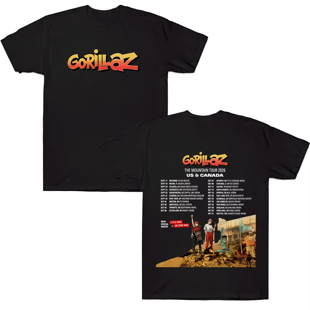 Poster Men Fashion - ゴリラズ「ザ・マウンテン・ツアー2026」ポスターグラフィックプリントTシャツ。メンズ、レディース、Oネック、コットン素材、ストリートウェア、原宿ファッション、オーバーサイズトップス。
