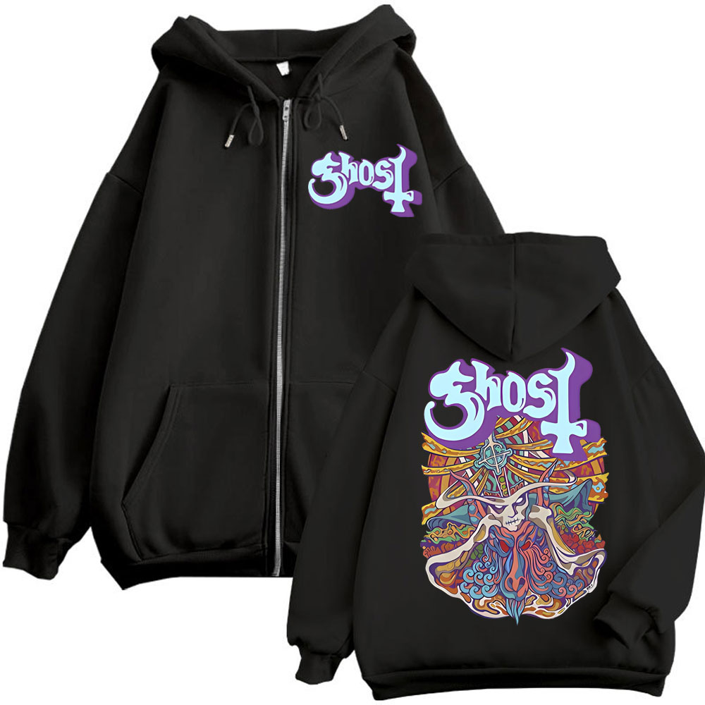 ゴーストバンドグラフィックジッパーパーカー男性女性ファッショ - Mens Fashion Zip Up Hoodies のレビューと価格
