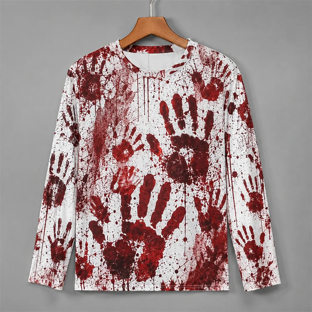 3Dプリントのホラー柄、赤い血痕模様のハロウィン長袖Tシャツ - Men'S Fashion T Shirts のレビューと価格