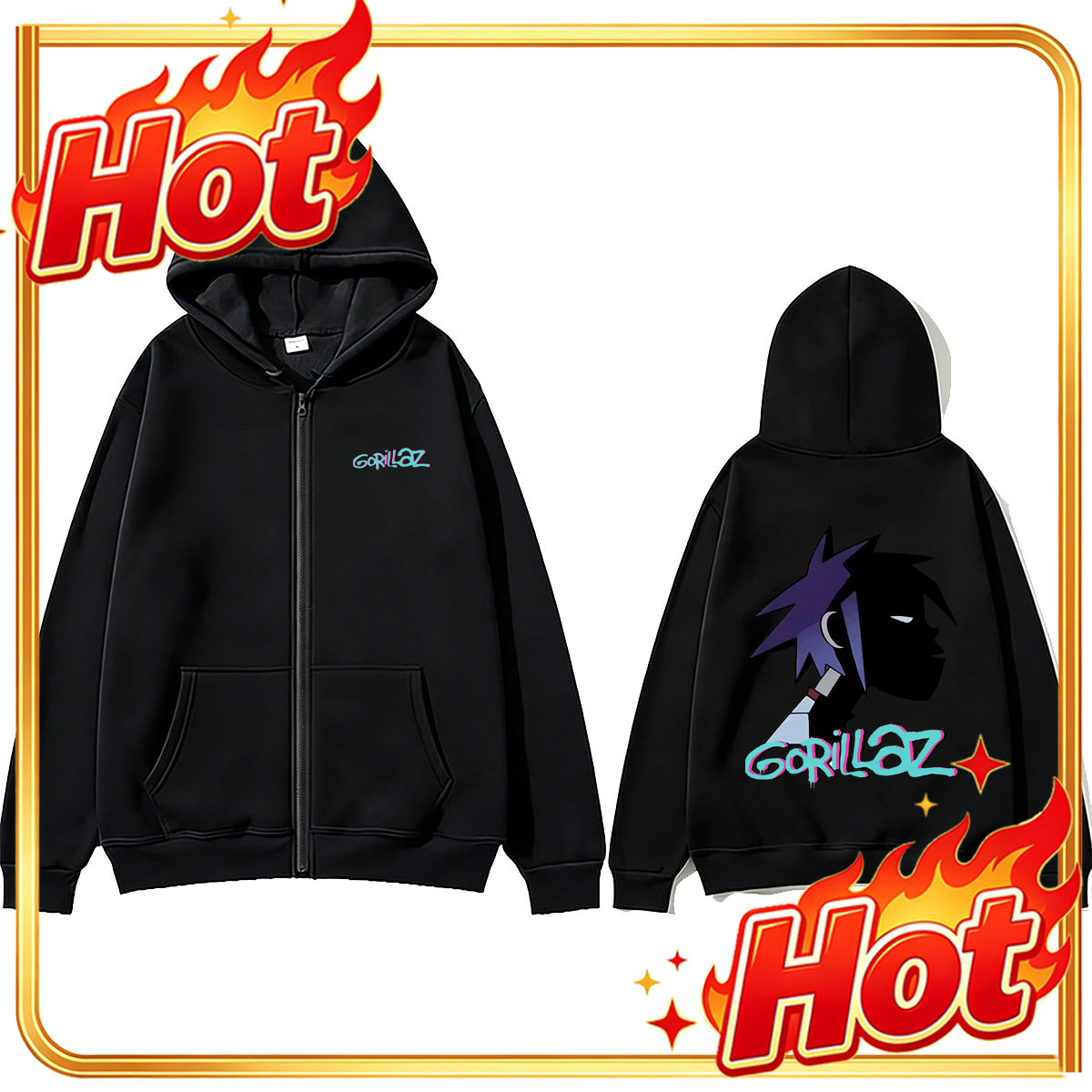 ロックバンド「ゴリラズ」の顔をあしらったグラフィックプリント - Mens Fashion Zip Up Hoodies のレビューと価格