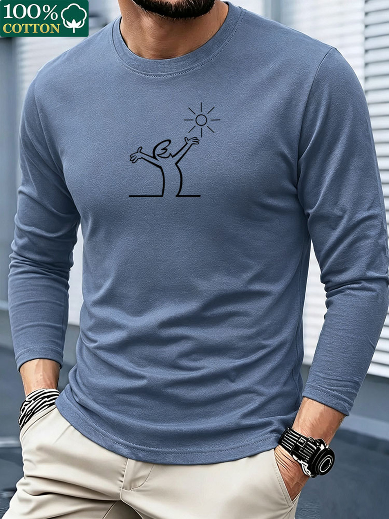メンズ用、綿100％、長袖Tシャツ、クルーネック、カジュアル - Men'S Fashion T Shirts のレビューと価格