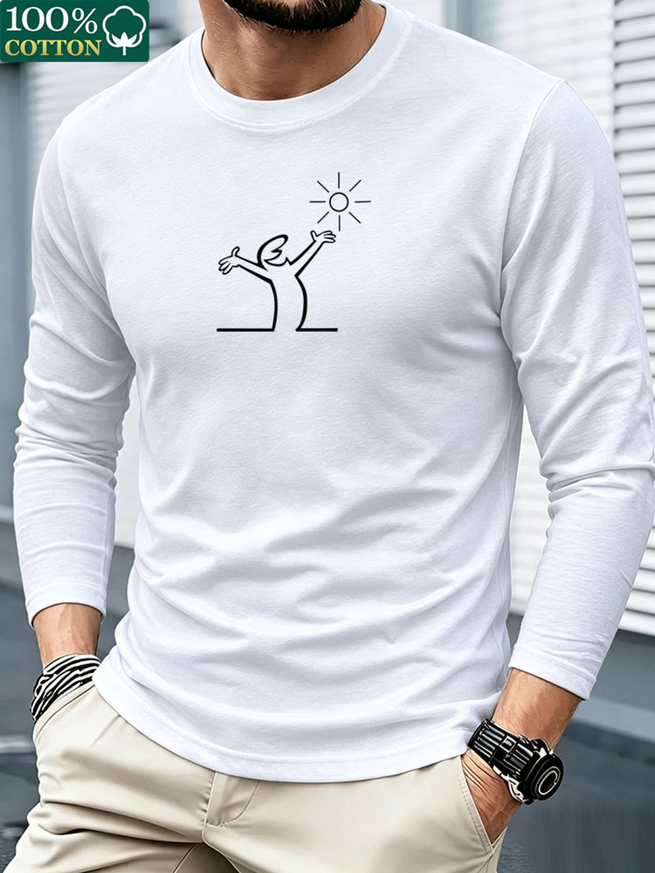 メンズ用、綿100％、長袖Tシャツ、クルーネック、カジュアル - Men'S Fashion T Shirts のレビューと価格