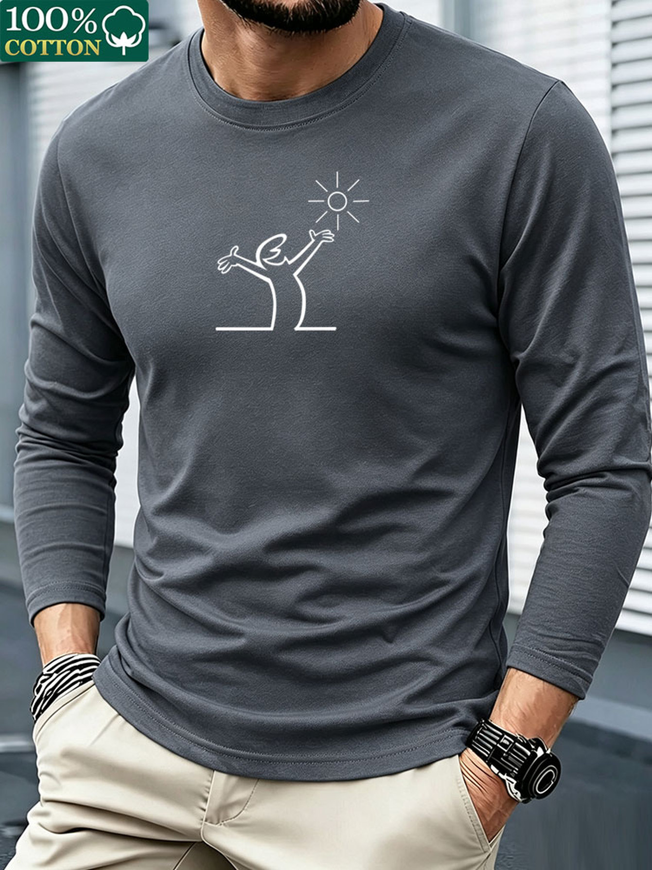 メンズ用、綿100％、長袖Tシャツ、クルーネック、カジュアル - Men'S Fashion T Shirts のレビューと価格