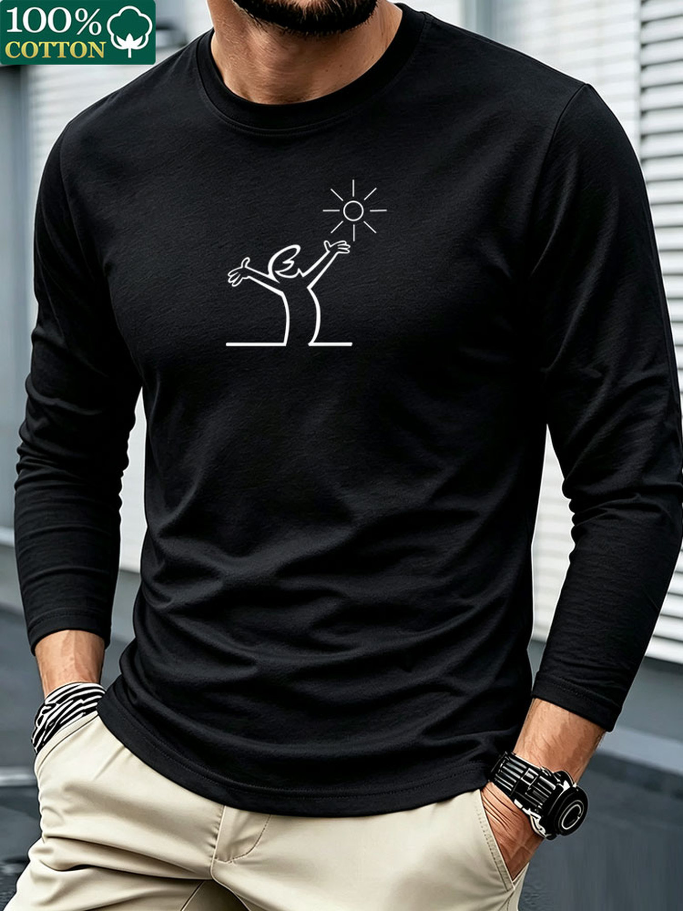 メンズ用、綿100％、長袖Tシャツ、クルーネック、カジュアル - Men'S Fashion T Shirts のレビューと価格