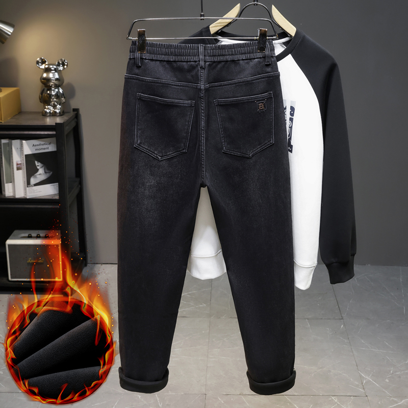メンズ 冬用 新しいフリース素材のジーンズ、伸縮性のあるドロ - Men'S Fashion Grey Jeans のレビューと価格