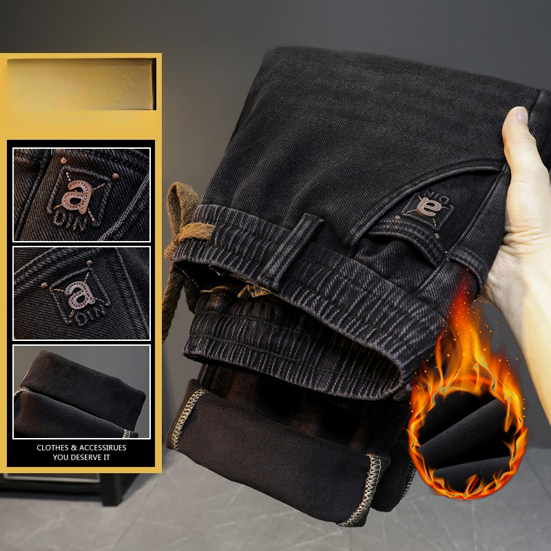 メンズ 冬用 新しいフリース素材のジーンズ、伸縮性のあるドロ - Men'S Fashion Grey Jeans のレビューと価格
